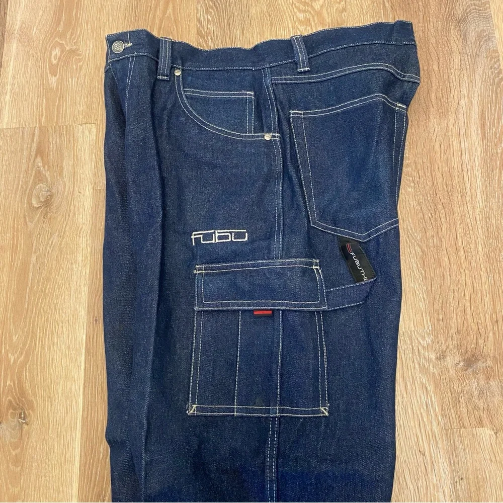 FUBU The Collection Pleated Heavyweight Cargo Denim Jeans 36x34 Y2K Loose Wide - Picture 3 of 9
